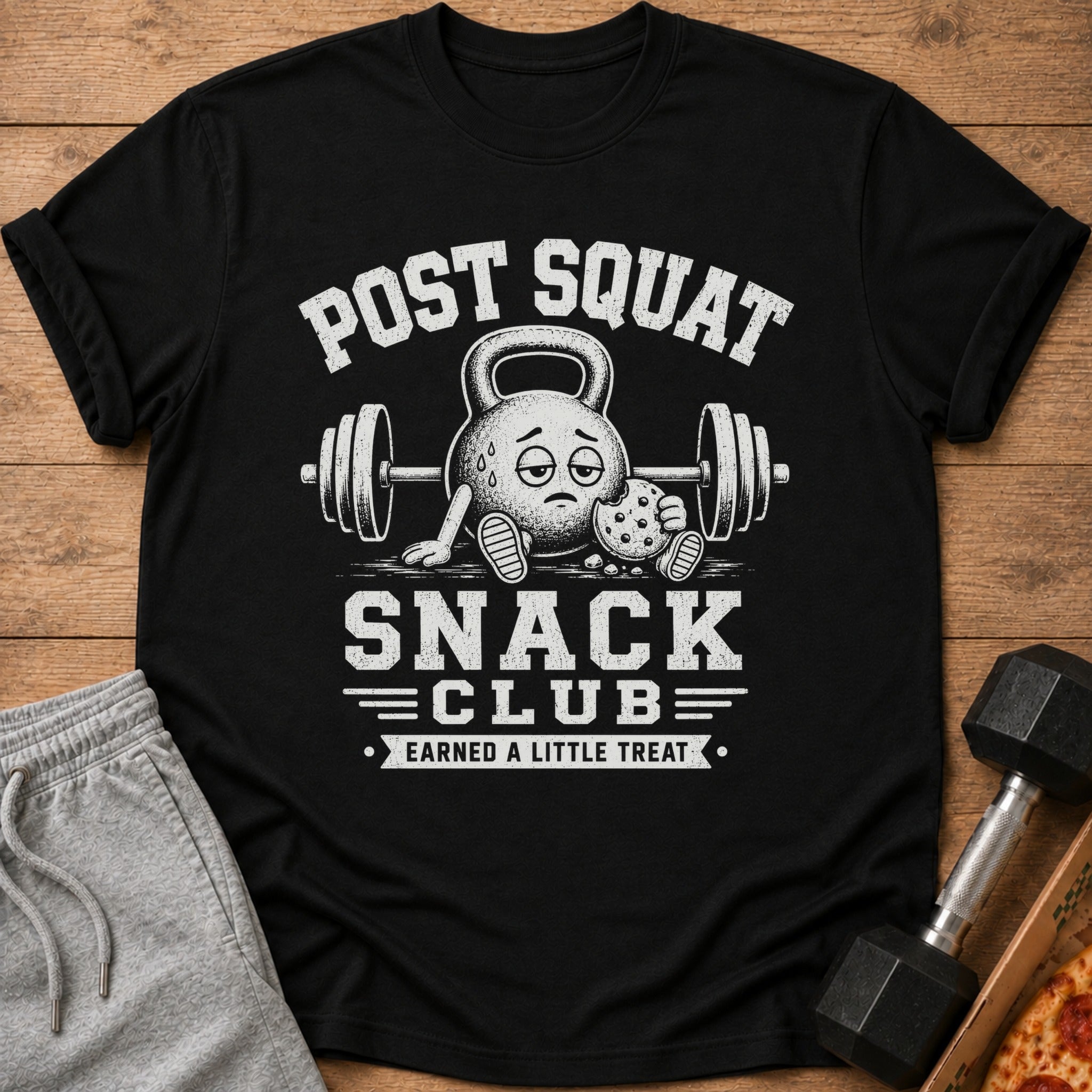 Black t-shirt with distressed graphic text "POST SQUAT SNACK CLUB".