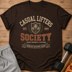 Brown t-shirt with "Casual Lifters Society" and sloth logo.