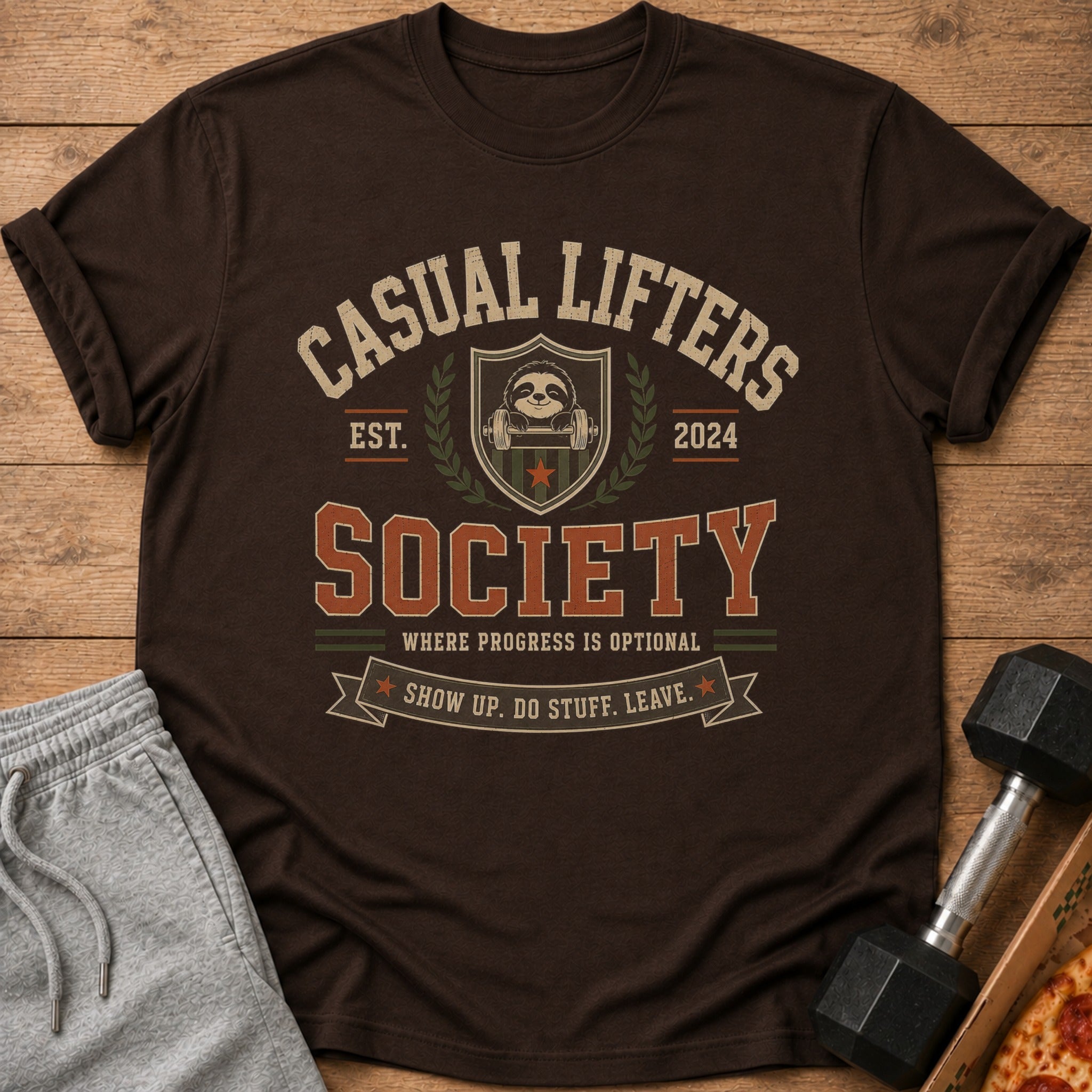 Brown t-shirt with "Casual Lifters Society" and sloth logo.