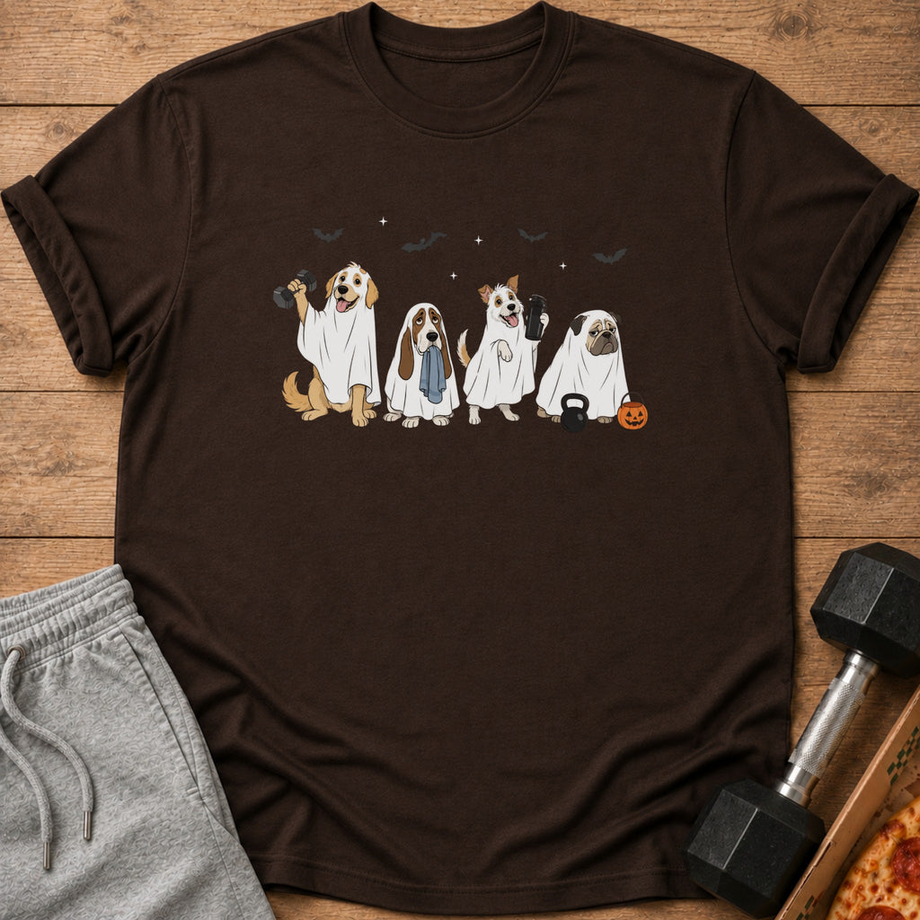 Four dogs dressed as ghosts, one holding a dumbbell, with bats and stars.