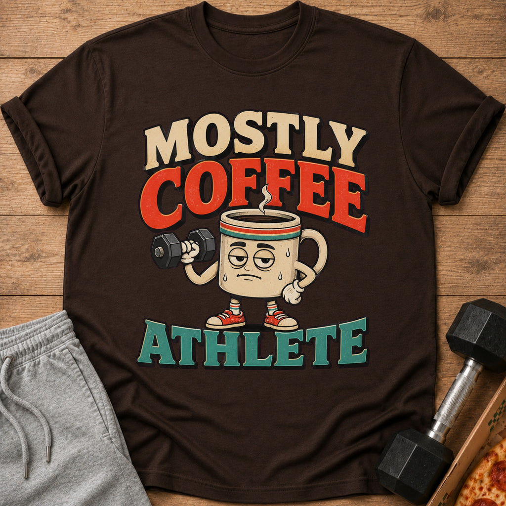 Brown t-shirt with "Mostly Coffee Athlete" graphic featuring a tired coffee mug lifting a dumbbell.