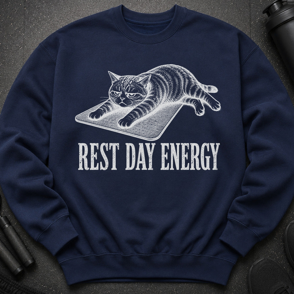 Navy sweatshirt with a striped cat graphic and "REST DAY ENERGY" text.