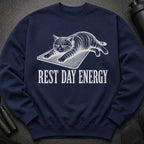 Navy sweatshirt with a striped cat graphic and "REST DAY ENERGY" text.