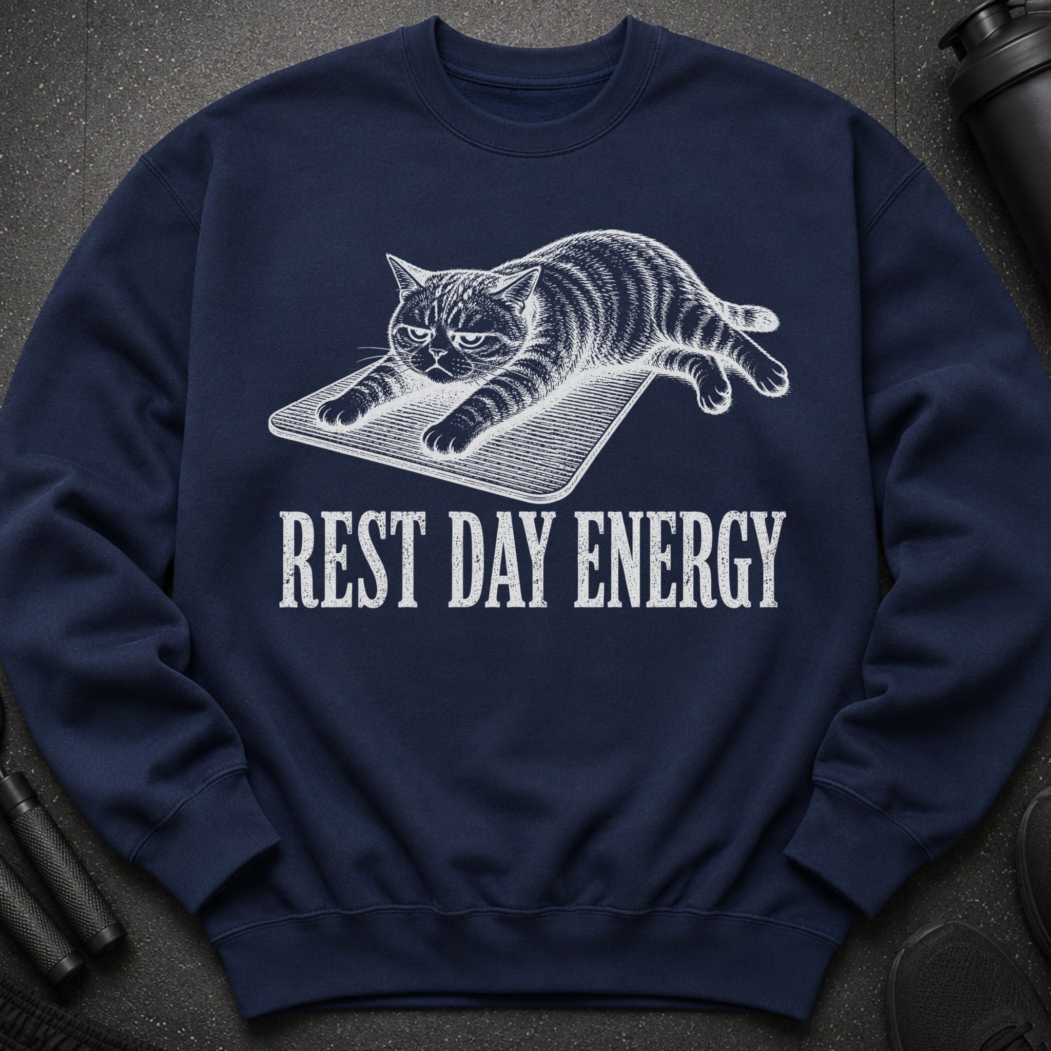 Navy sweatshirt with a striped cat graphic and "REST DAY ENERGY" text.