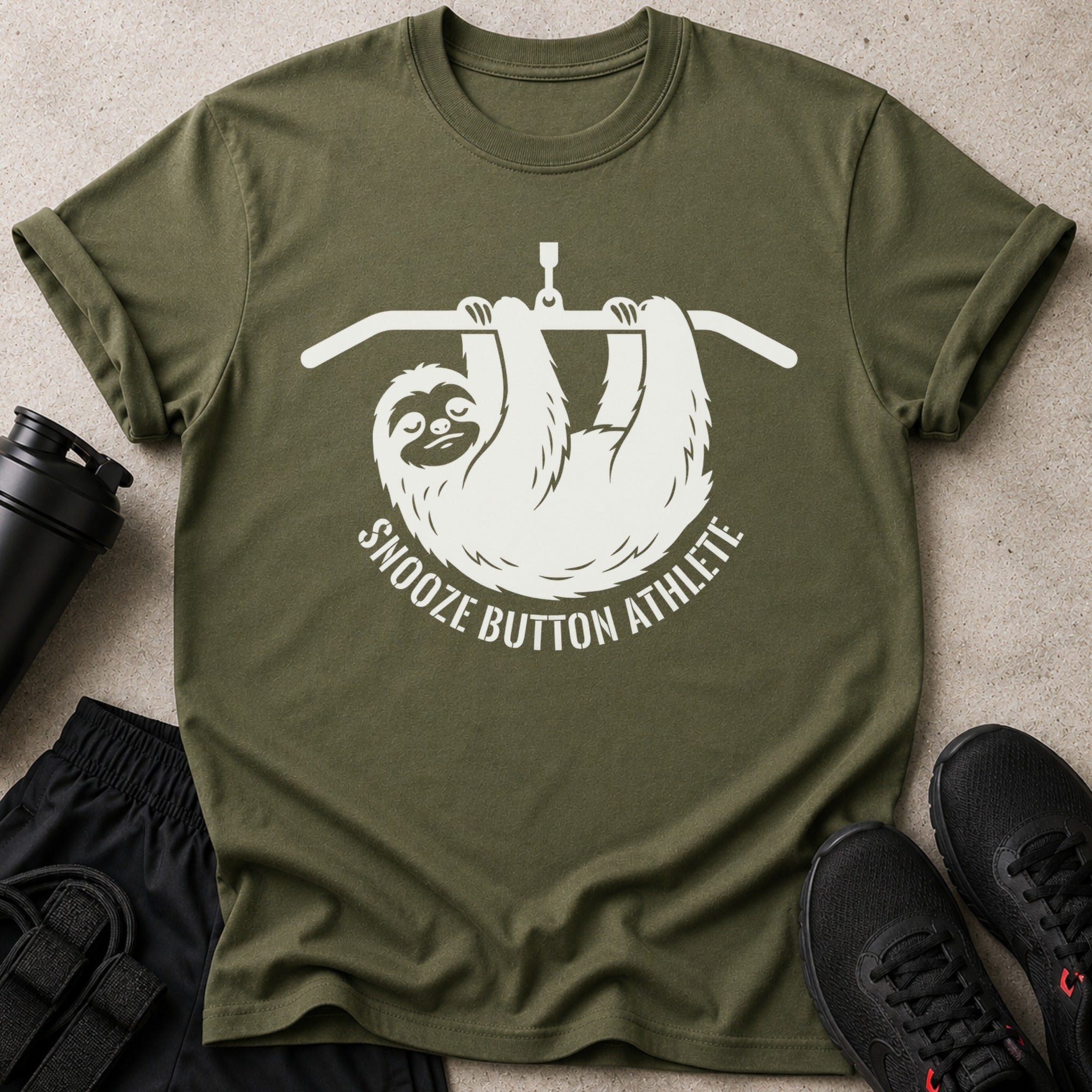 Green t-shirt with white sloth graphic and "Snooze Button Athlete" text.