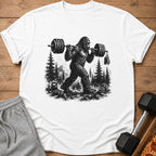 Bigfoot lifting weights in a forest with pine trees and mountains.