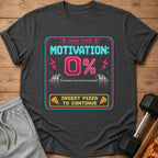 Dark gray t-shirt with pixelated "Game Over Motivation 0%" and "Insert Pizza to Continue".