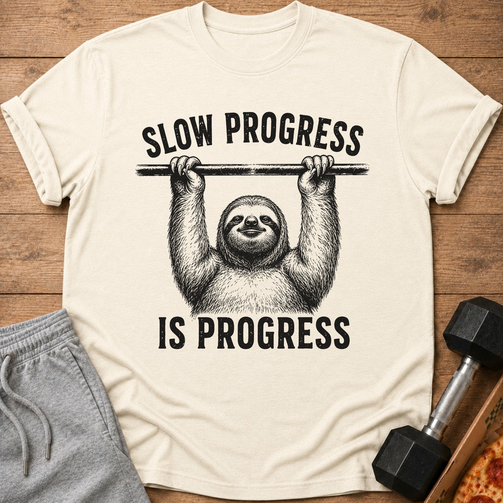 Cream t-shirt with sloth graphic and "SLOW PROGRESS IS PROGRESS" text.