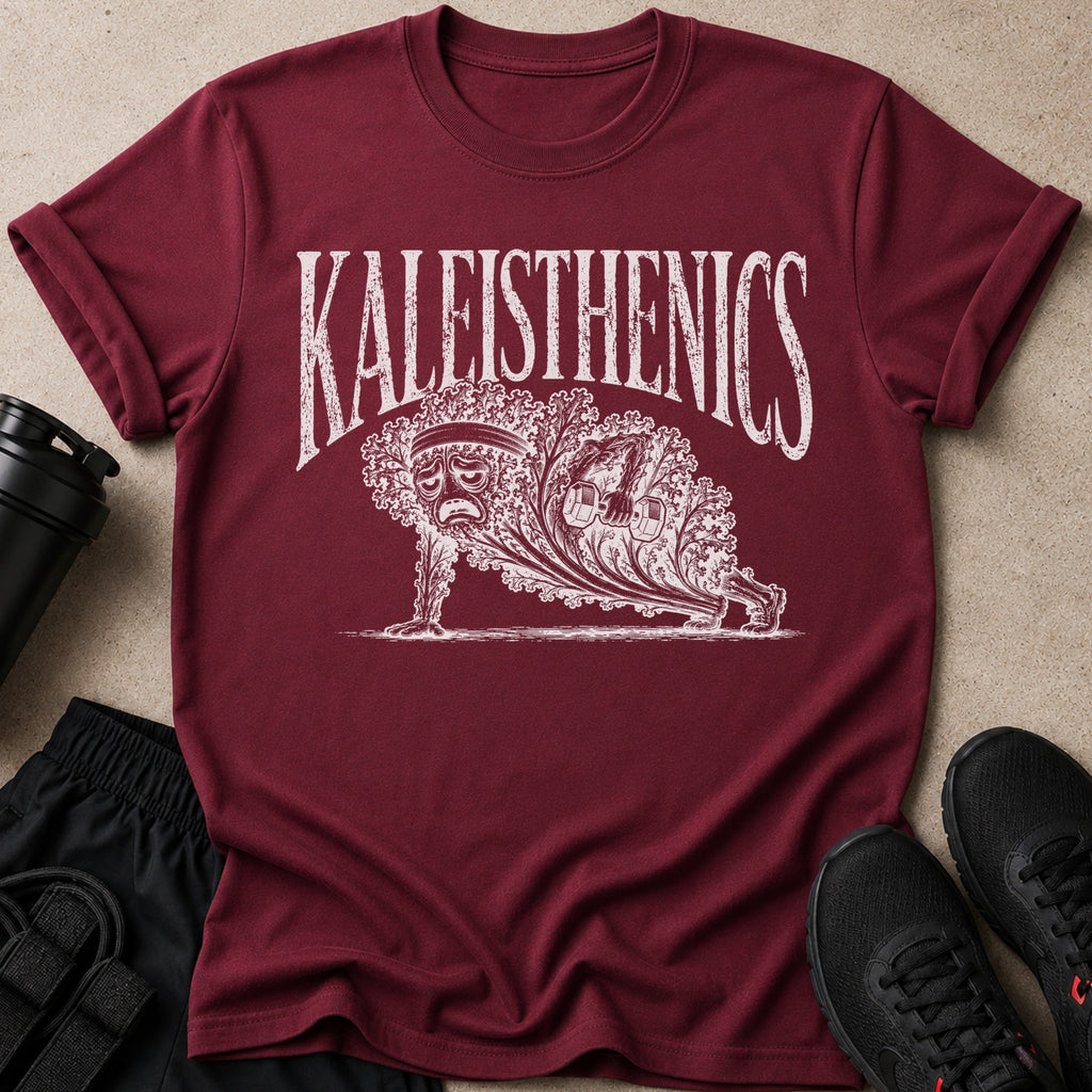 Maroon t-shirt with "Kalephisthenics" text and a sad kale character doing a plank.