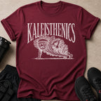 Maroon t-shirt with "Kalephisthenics" text and a sad kale character doing a plank.