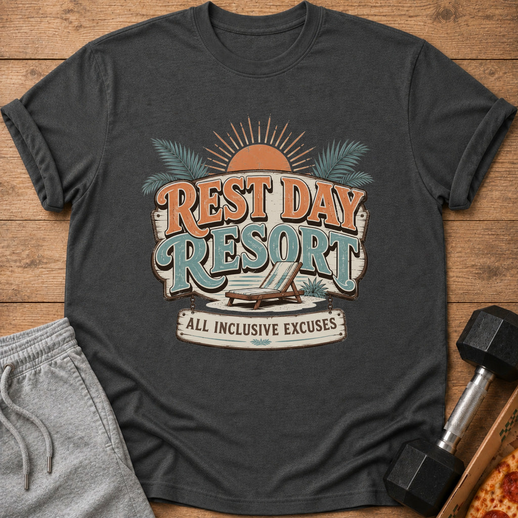Dark t-shirt with "Rest Day Resort All Inclusive Excuses" graphic and beach chair.