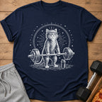 Cat wearing headband lifting barbell with protein shaker and stars.