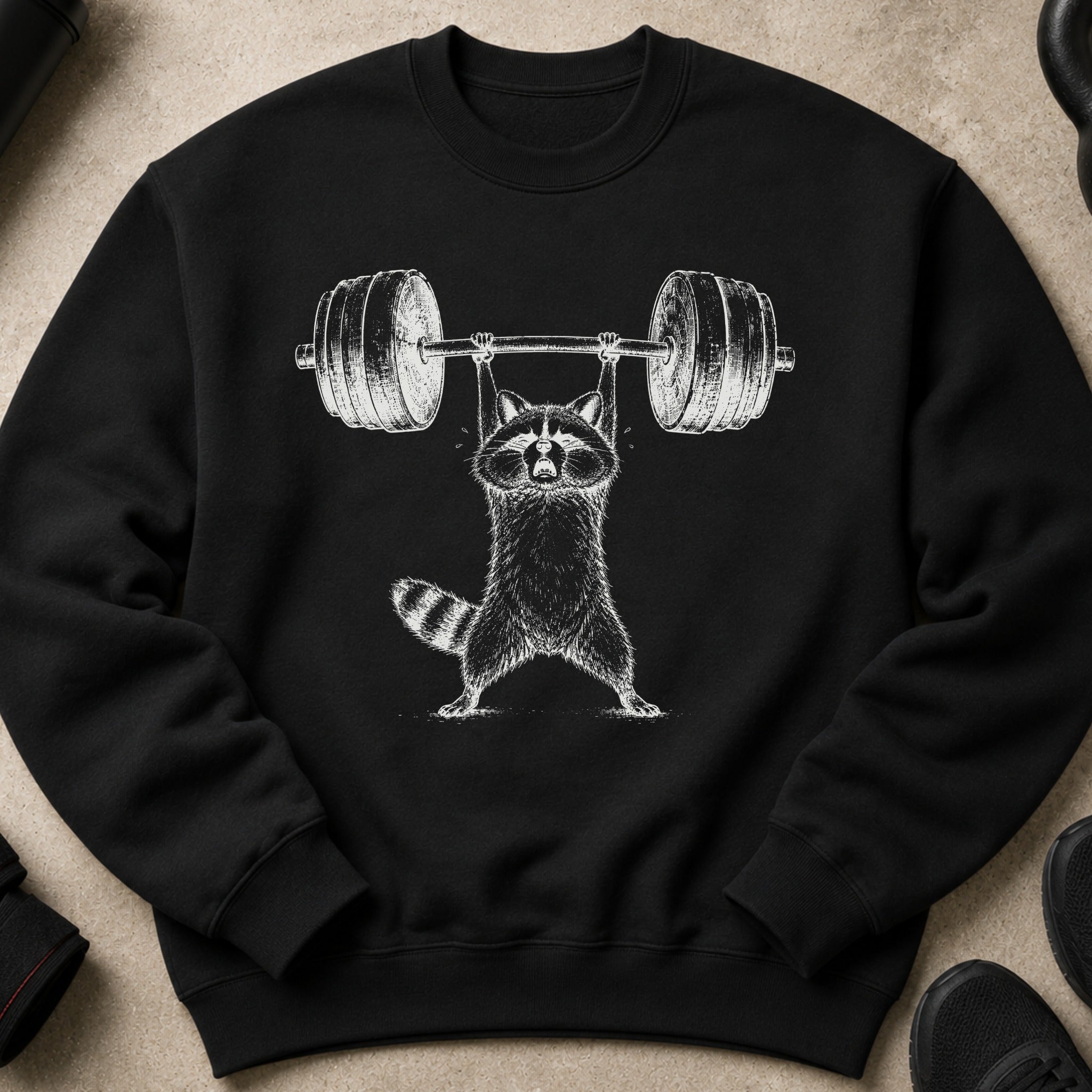 Black sweatshirt with a white line drawing of a raccoon lifting a barbell.