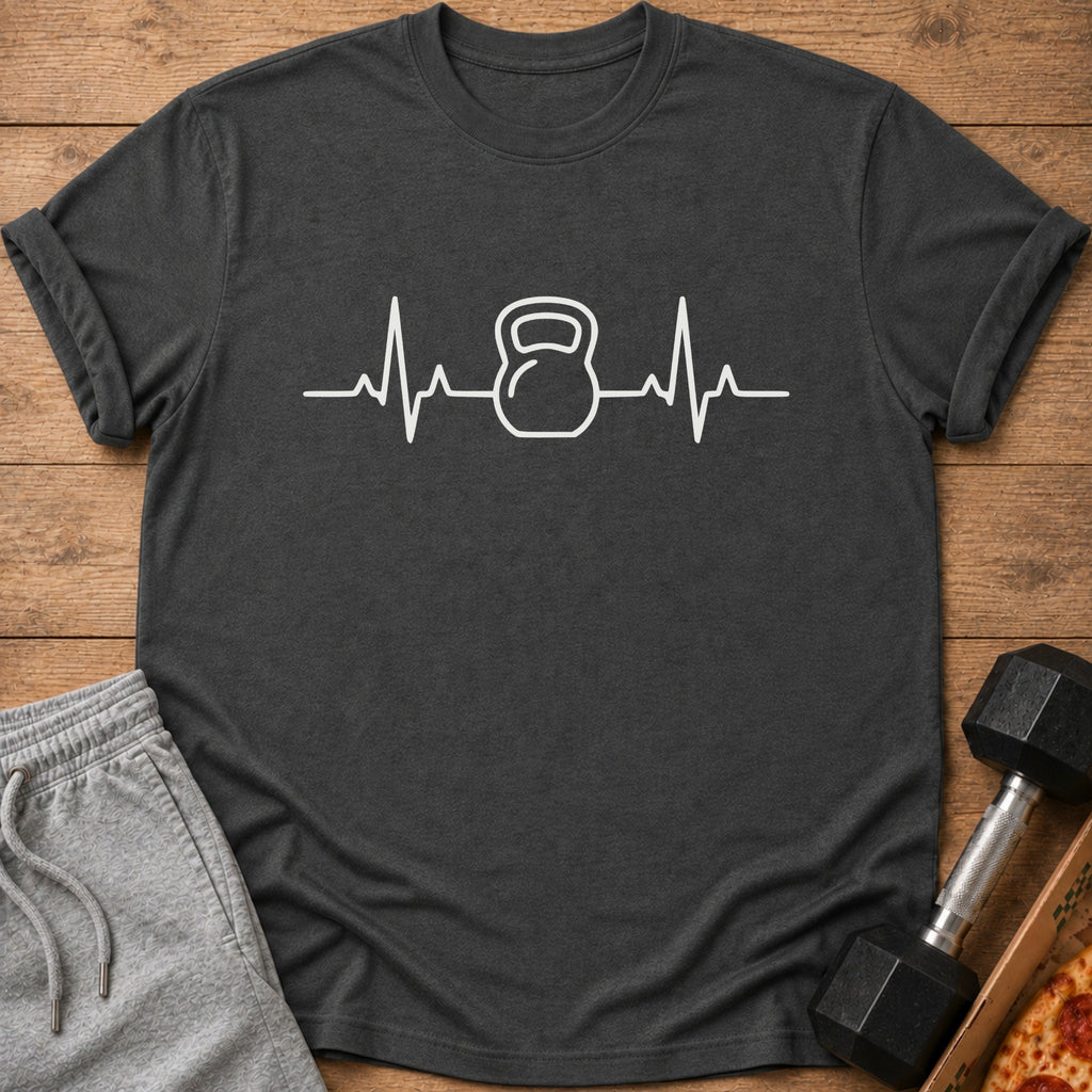 Dark t-shirt with white heartbeat and kettlebell graphic.