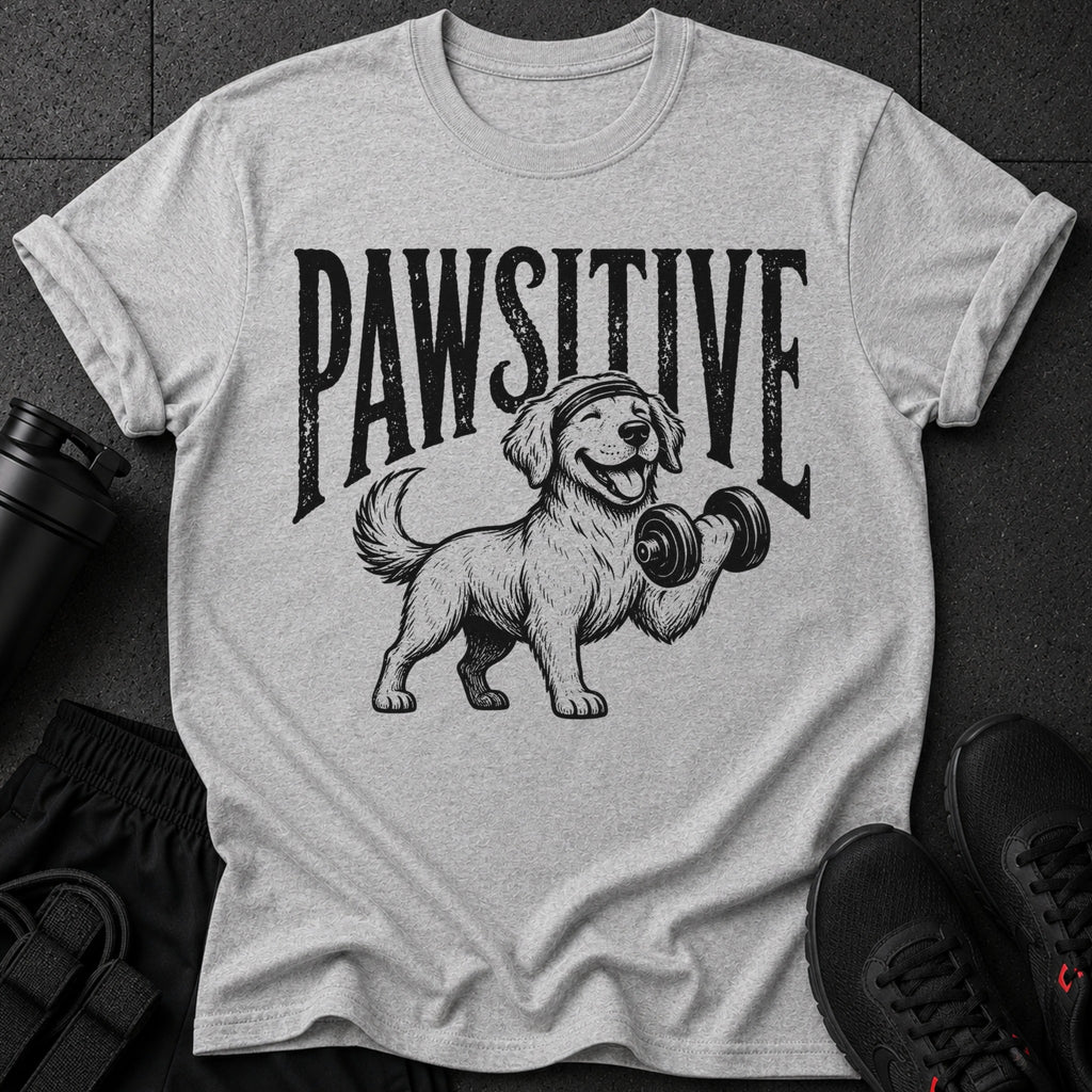 Grey t-shirt with "PAWSITIVE" text and dog lifting dumbbell graphic.