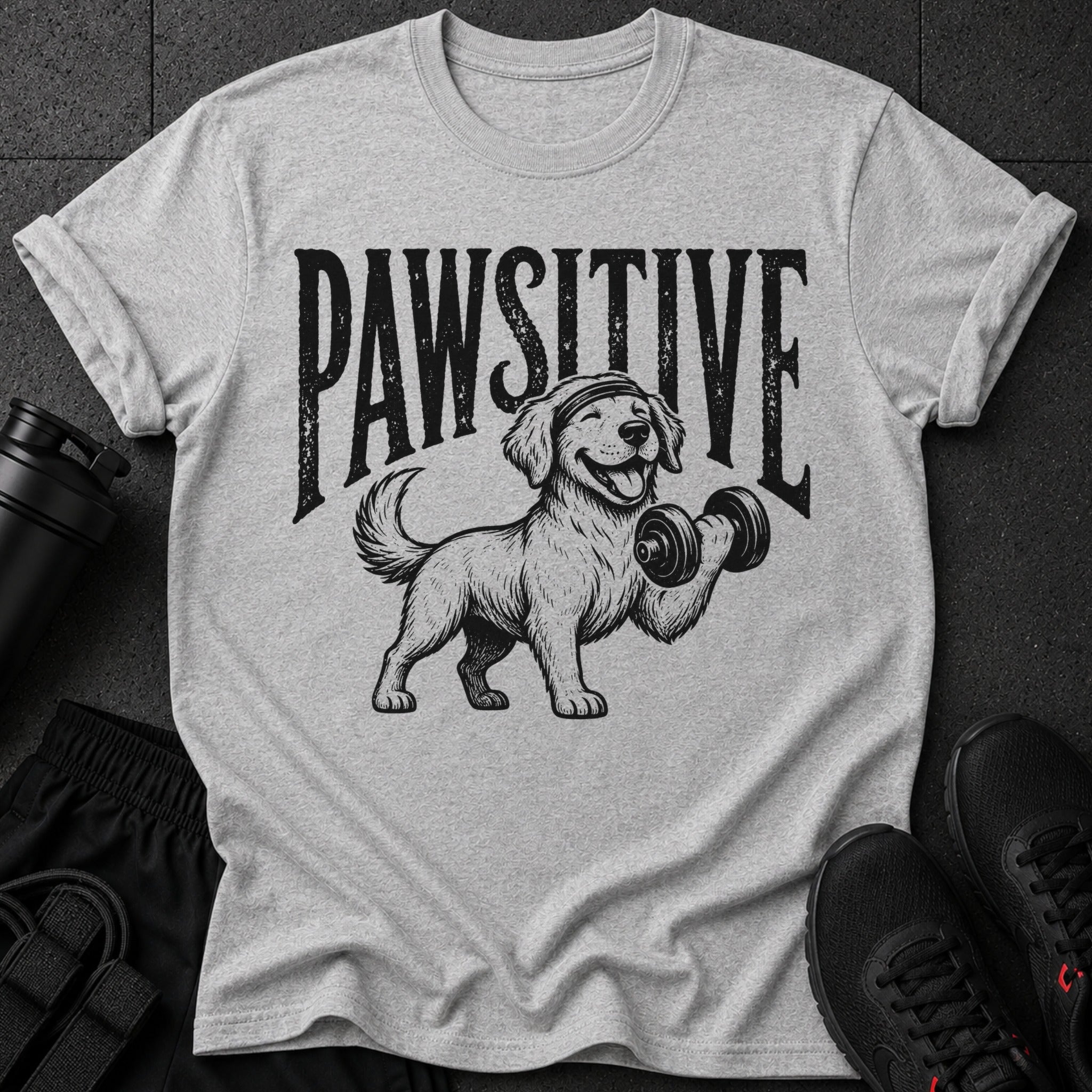 Grey t-shirt with "PAWSITIVE" text and dog lifting dumbbell graphic.