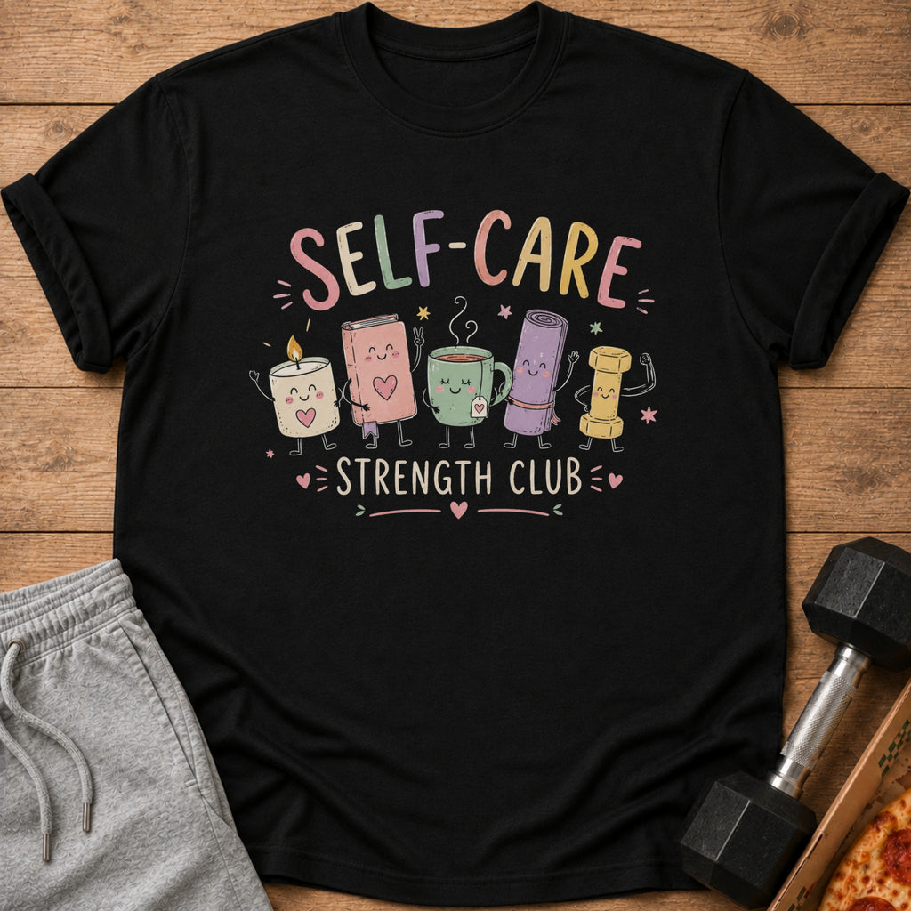 Black t-shirt with "SELF-CARE STRENGTH CLUB" text and cute characters.