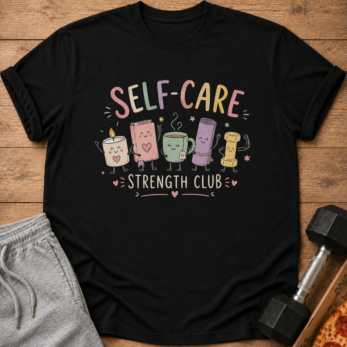 Black t-shirt with "SELF-CARE STRENGTH CLUB" text and cute characters.