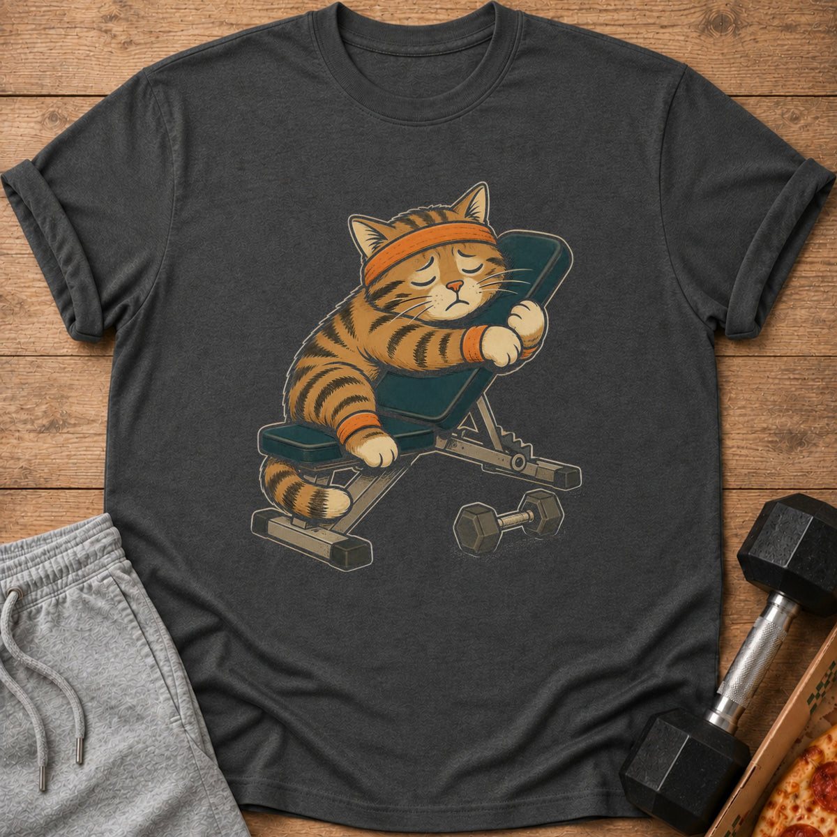 Tired cat wearing headband sleeps on weight bench with dumbbells and pizza.