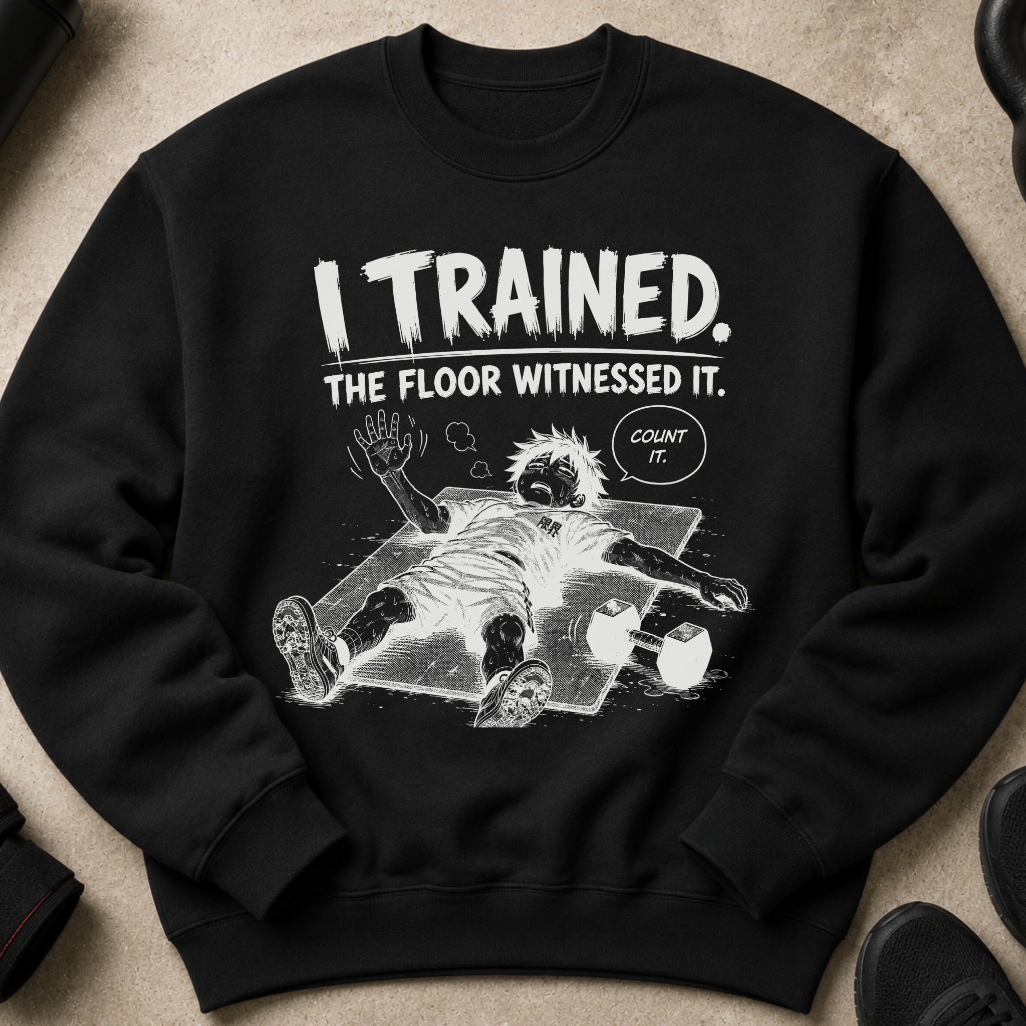 Sweatshirt with black background and white graphic of person collapsed on floor with text