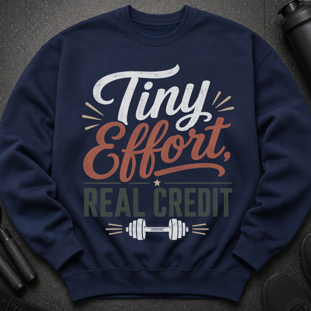 Navy sweatshirt with "Tiny Effort, Real Credit" text and dumbbell graphic.