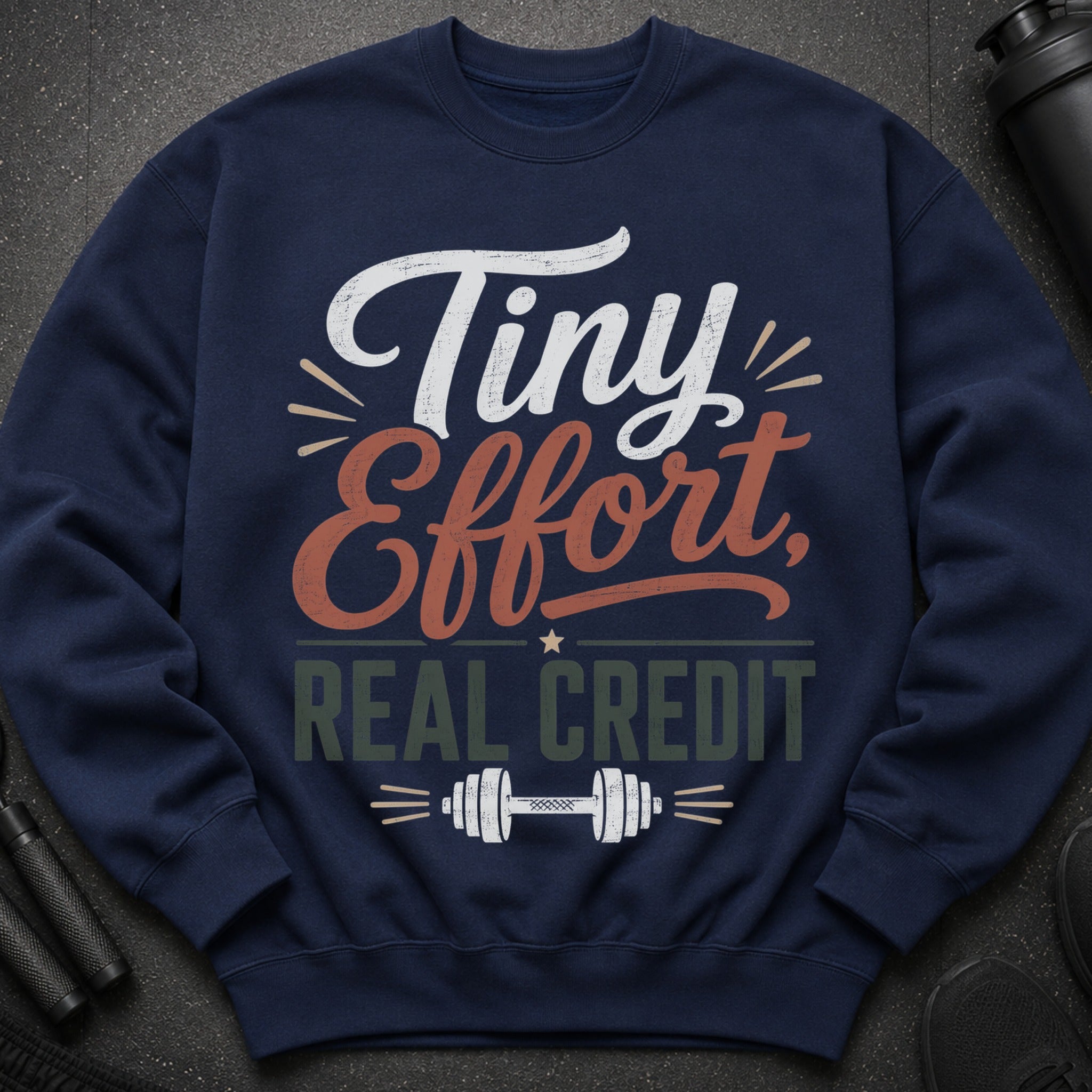 Navy sweatshirt with "Tiny Effort, Real Credit" text and dumbbell graphic.