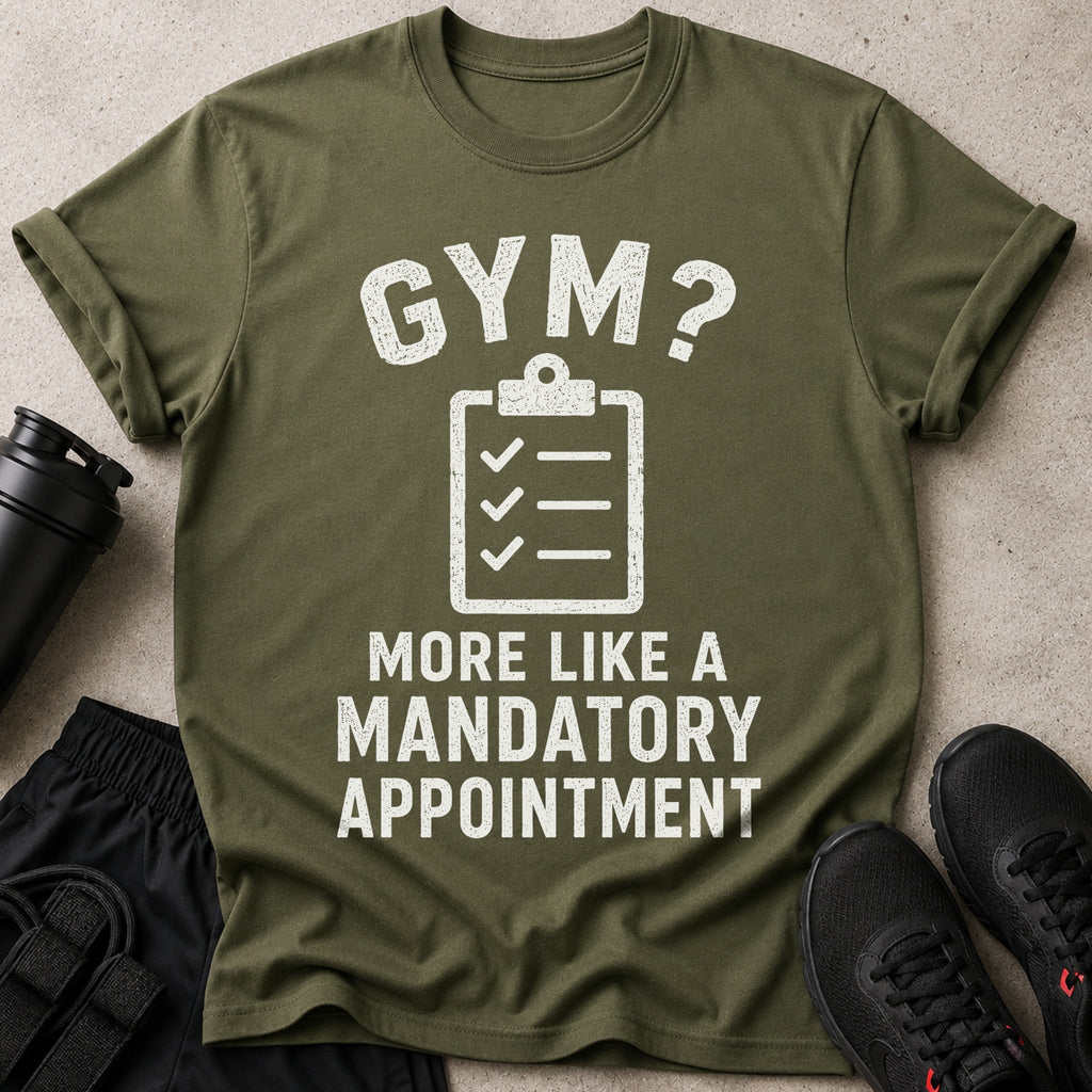 Green t-shirt with text "GYM? MORE LIKE A MANDATORY APPOINTMENT".