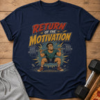 Navy t-shirt with "Return of the Motivation" text and weightlifter graphic.