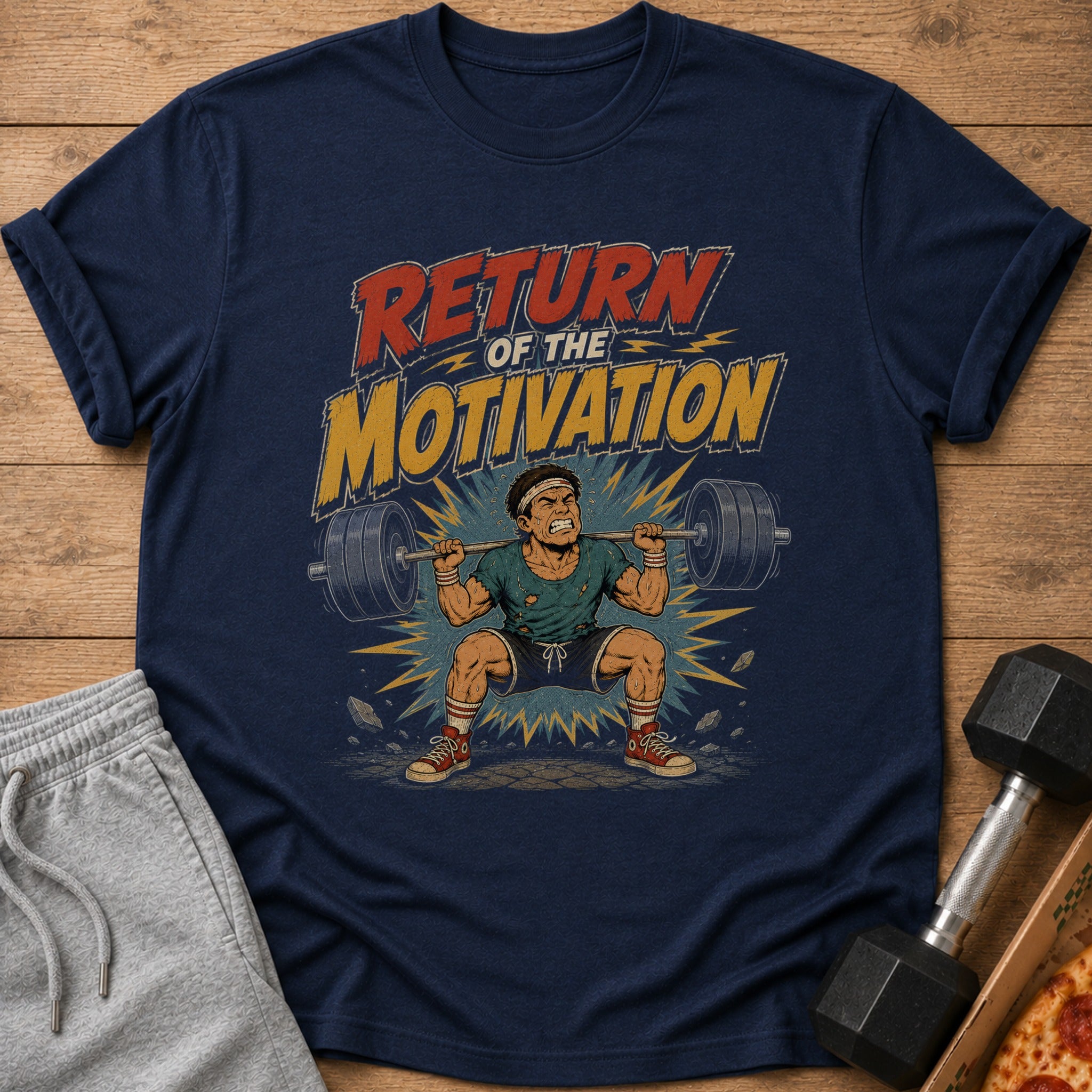 Navy t-shirt with "Return of the Motivation" text and weightlifter graphic.