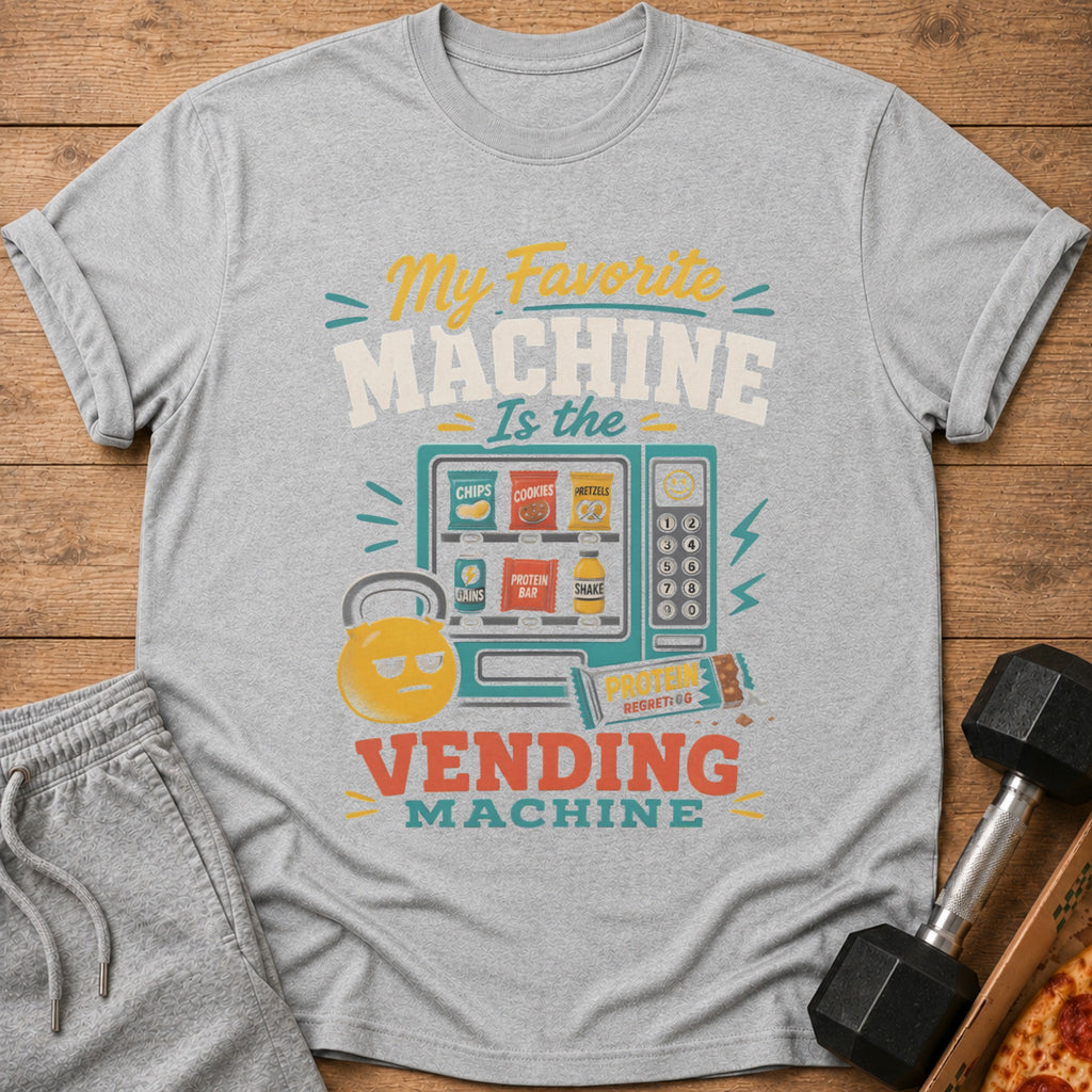 Grey t-shirt with "My Favorite Machine Is the Vending Machine" text and vending machine graphic.
