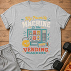 Grey t-shirt with "My Favorite Machine Is the Vending Machine" text and vending machine graphic.