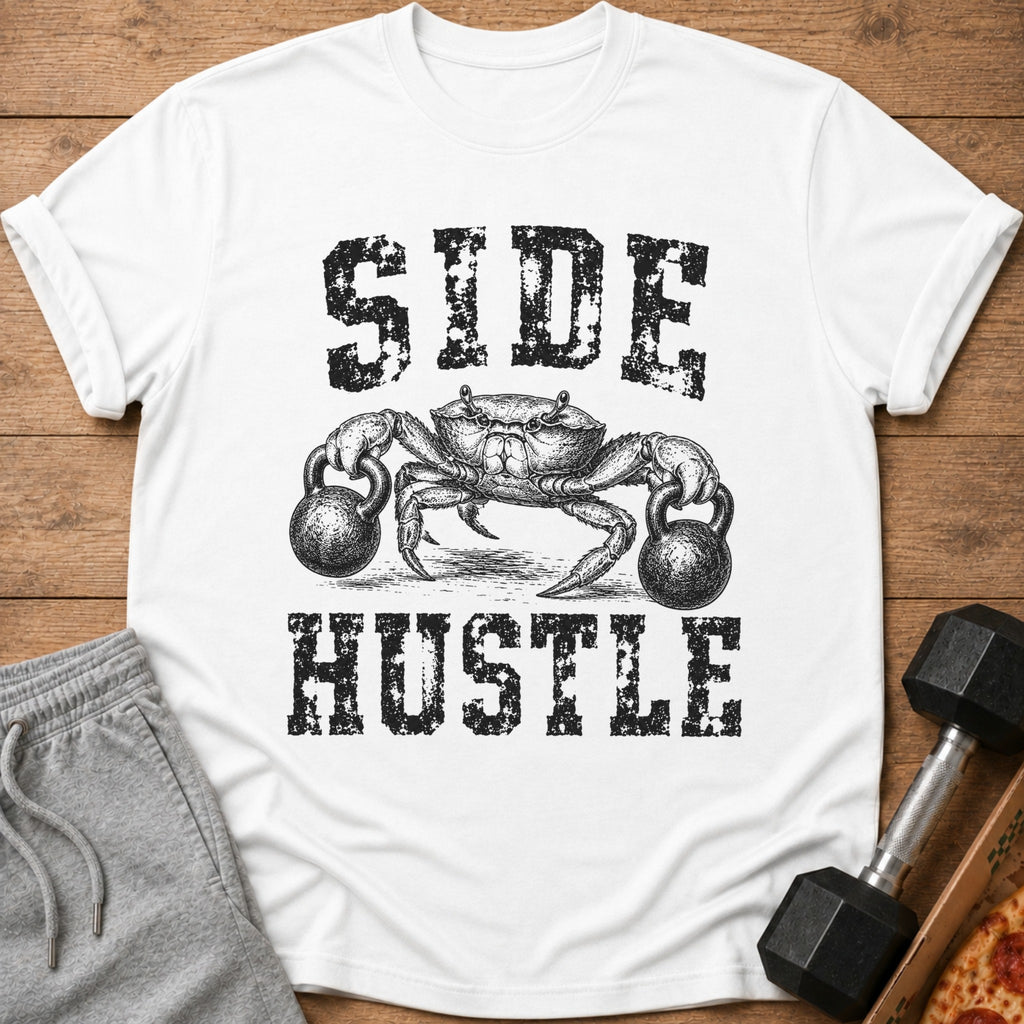 White t-shirt with distressed "SIDE HUSTLE" text and a crab holding kettlebells.