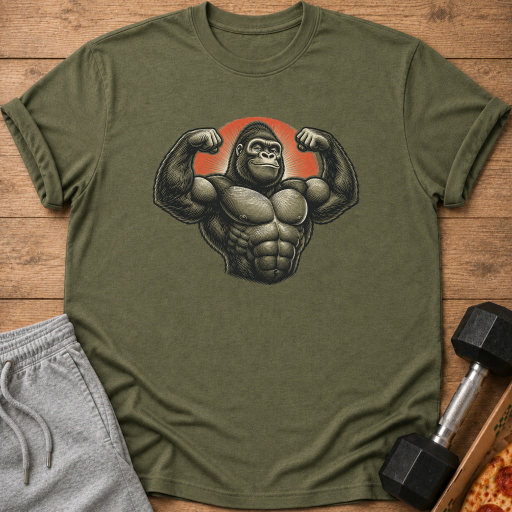 Green t-shirt with a muscular gorilla flexing against a red sunburst background.