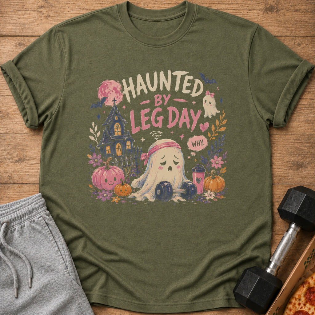 Green t-shirt with "Haunted by Leg Day" text and a sad ghost lifting weights.