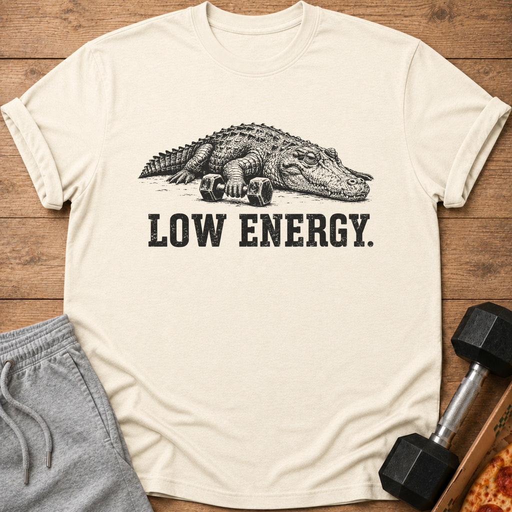 Cream t-shirt with alligator and dumbbells graphic, text reads "LOW ENERGY".
