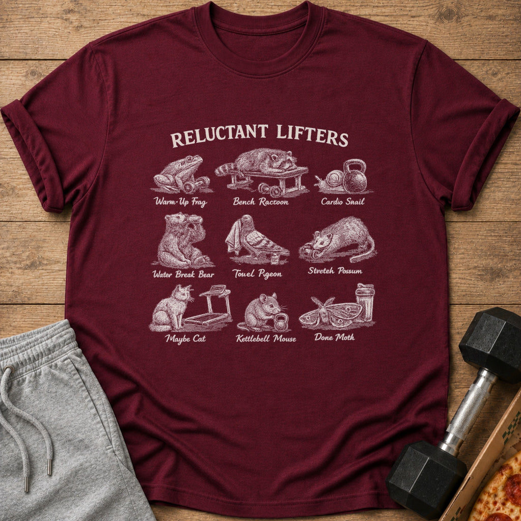 Maroon t-shirt with "Reluctant Lifters" and cartoon animals exercising.