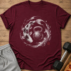 Maroon t-shirt with a white koi fish and kettlebell design within a circular splash.