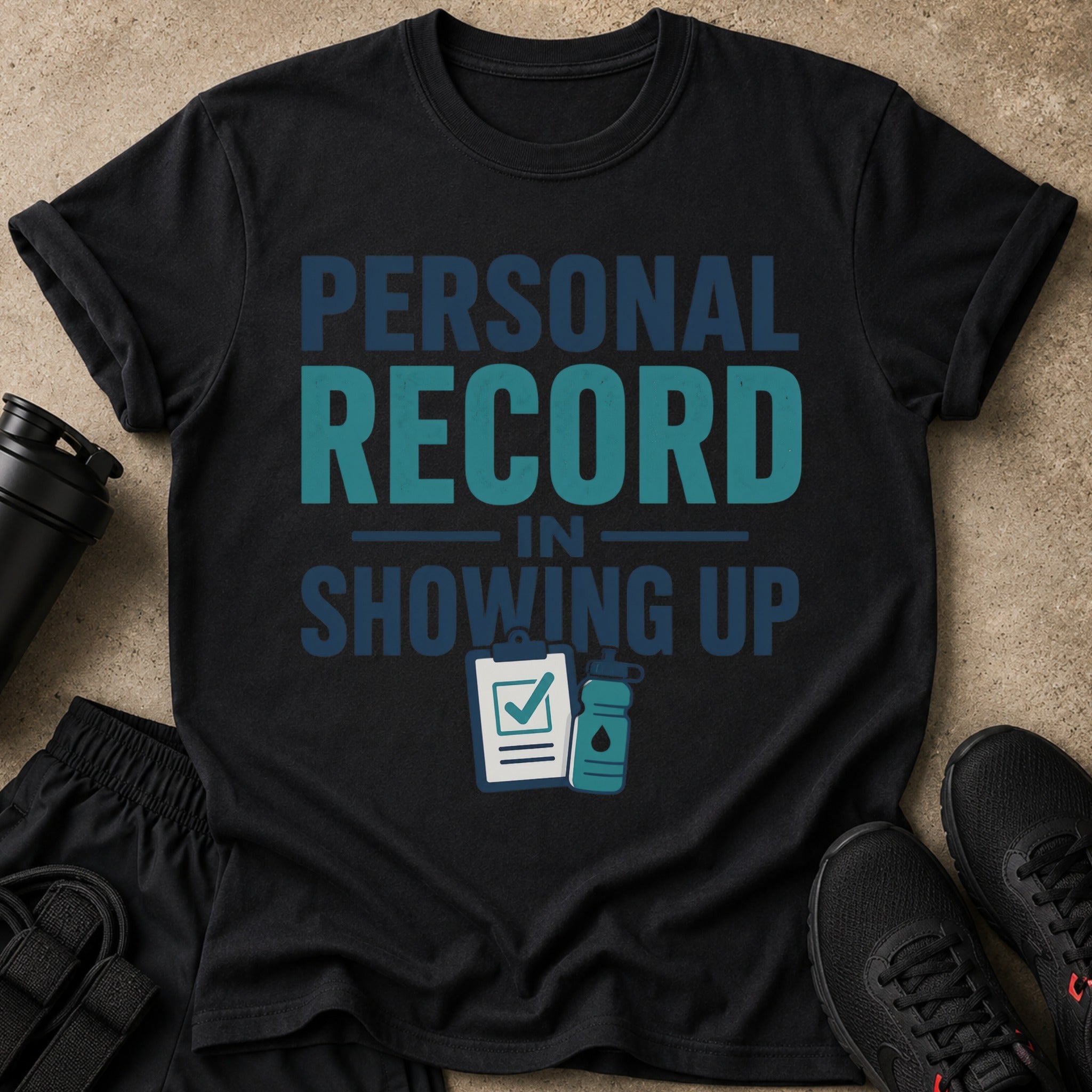 Black t-shirt with 'PERSONAL RECORD IN SHOWING UP' text and workout graphics.