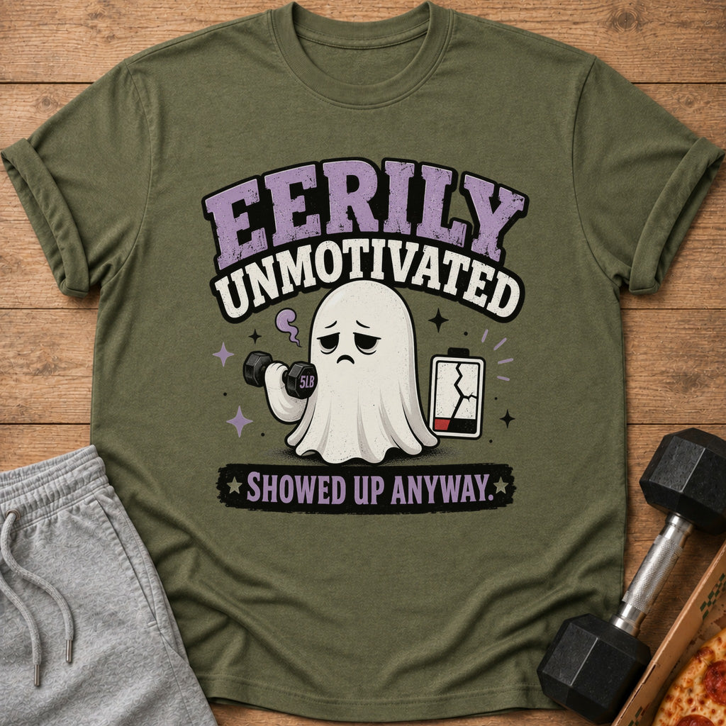 Ghost t-shirt with text "Eerily Unmotivated" and "Showed Up Anyway".