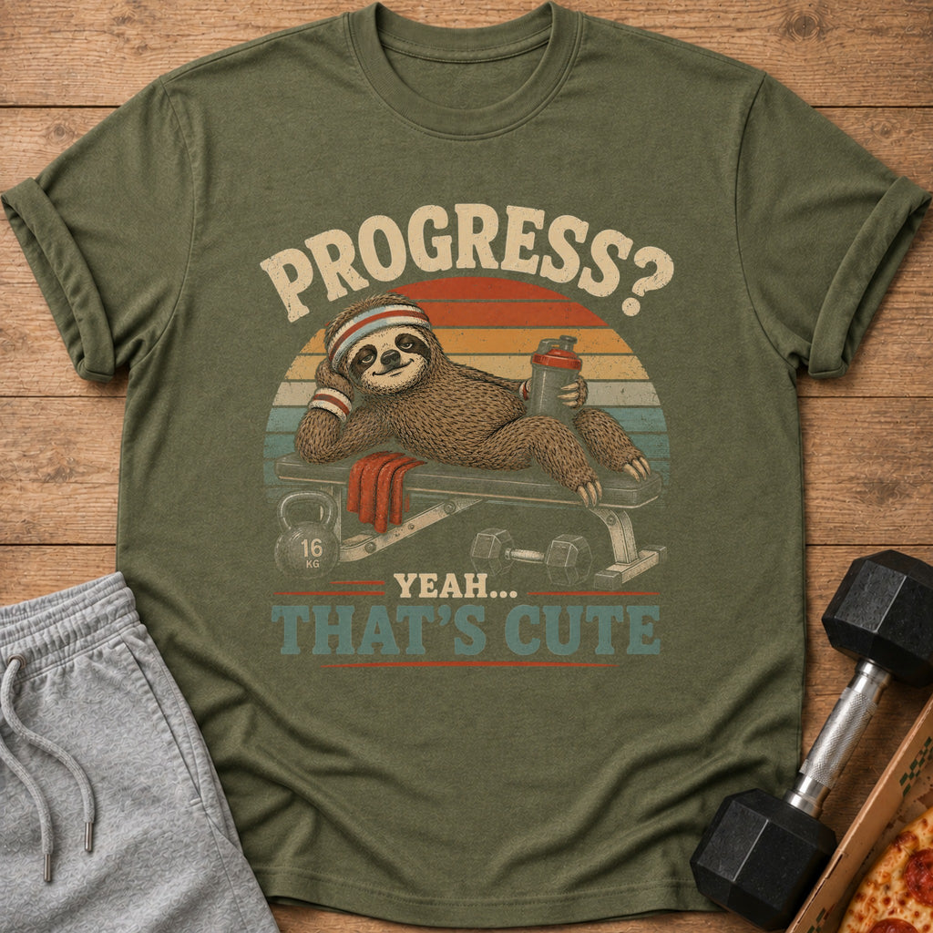 Sloth on gym bench with dumbbell and text "Progress? Yeah... That's Cute".