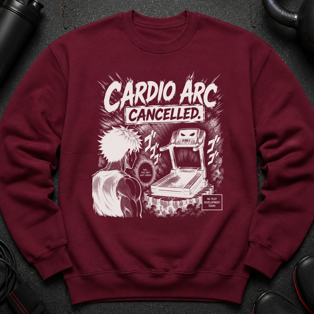 Maroon sweatshirt with "Cardio Arc Cancelled" graphic and anime-style runner facing a treadmill.