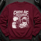 Maroon sweatshirt with "Cardio Arc Cancelled" graphic and anime-style runner facing a treadmill.