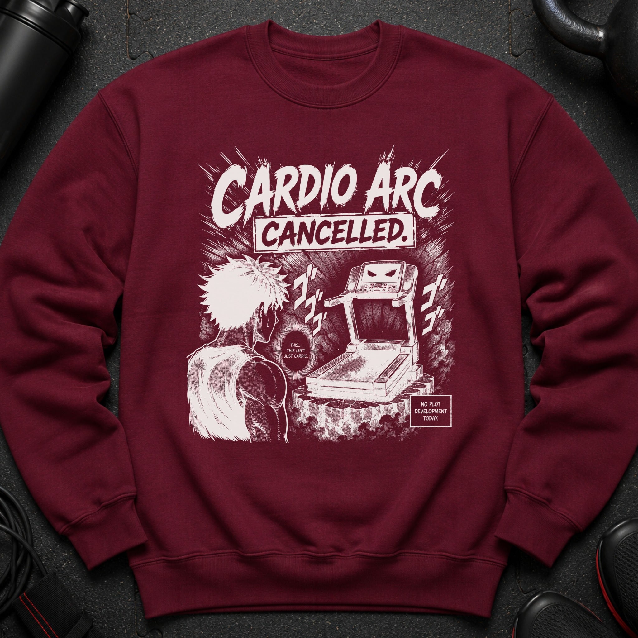 Maroon sweatshirt with "Cardio Arc Cancelled" graphic and anime-style runner facing a treadmill.