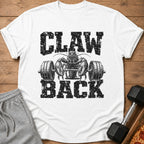 White t-shirt with "CLAW BACK" text and a lobster lifting a barbell.
