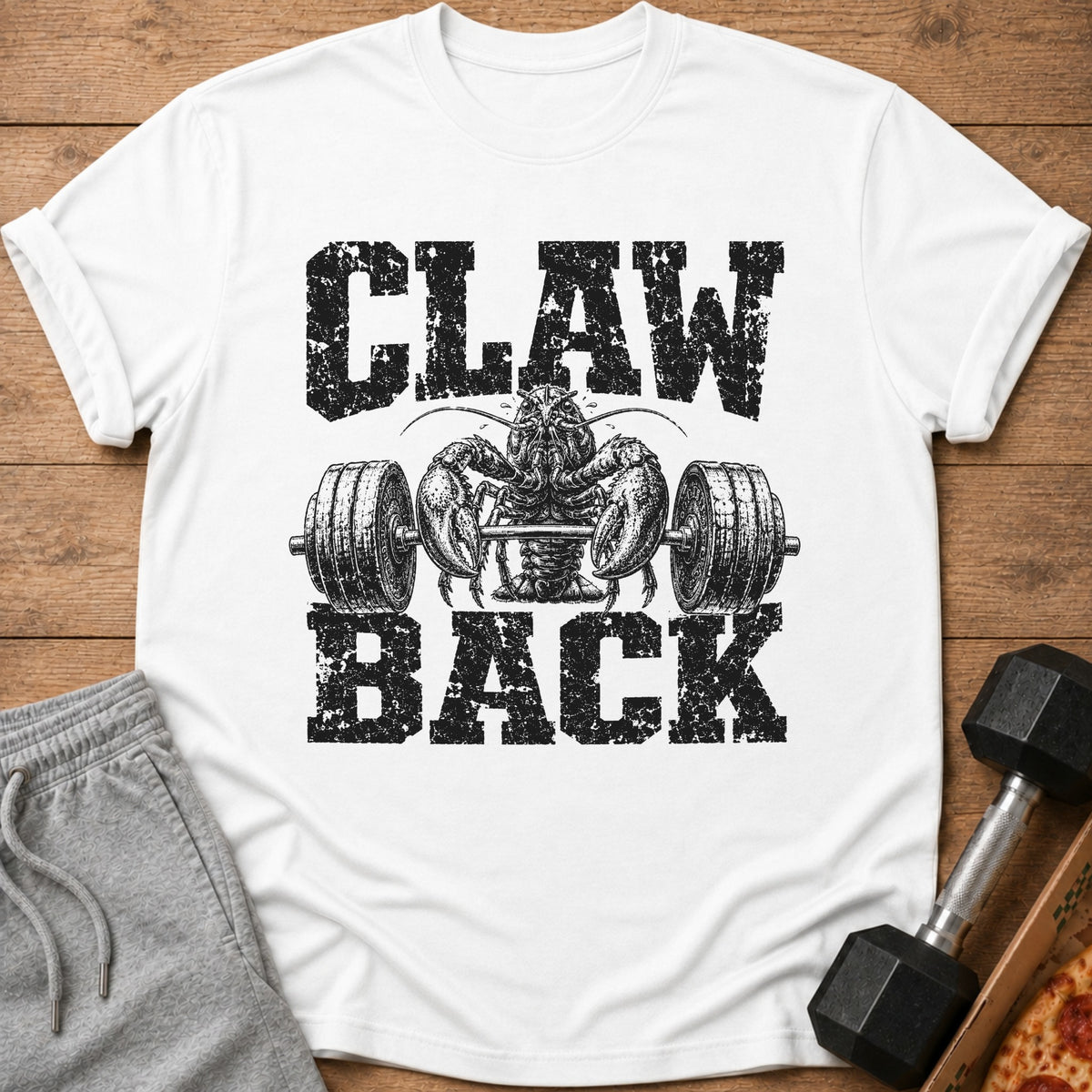 White t-shirt with "CLAW BACK" text and a lobster lifting a barbell.