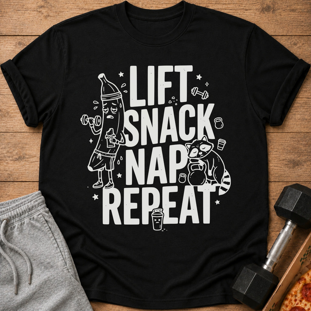 Black t-shirt with "LIFT SNACK NAP REPEAT" text and cartoon workout graphics.