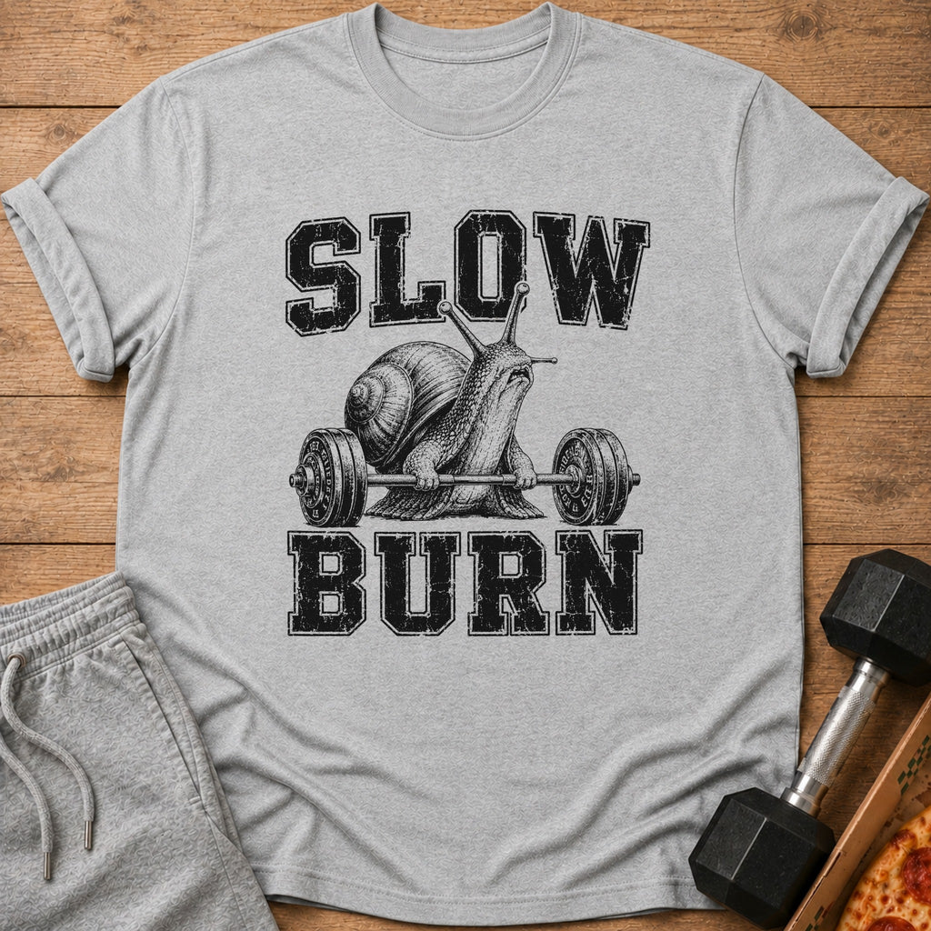 Grey t-shirt with a snail lifting a barbell and text "SLOW BURN".