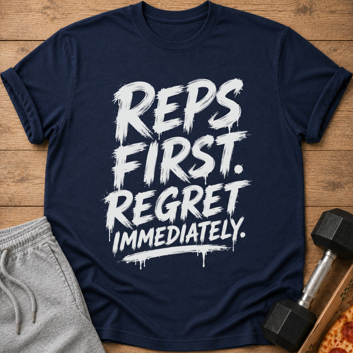 Navy t-shirt with white text "REPS FIRST. REGRET IMMEDIATELY."