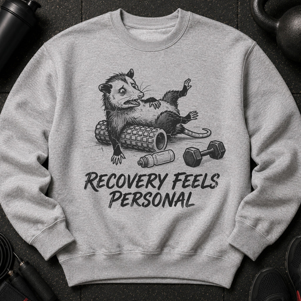 Gray sweatshirt with a humorous opossum graphic and text "RECOVERY FEELS PERSONAL".