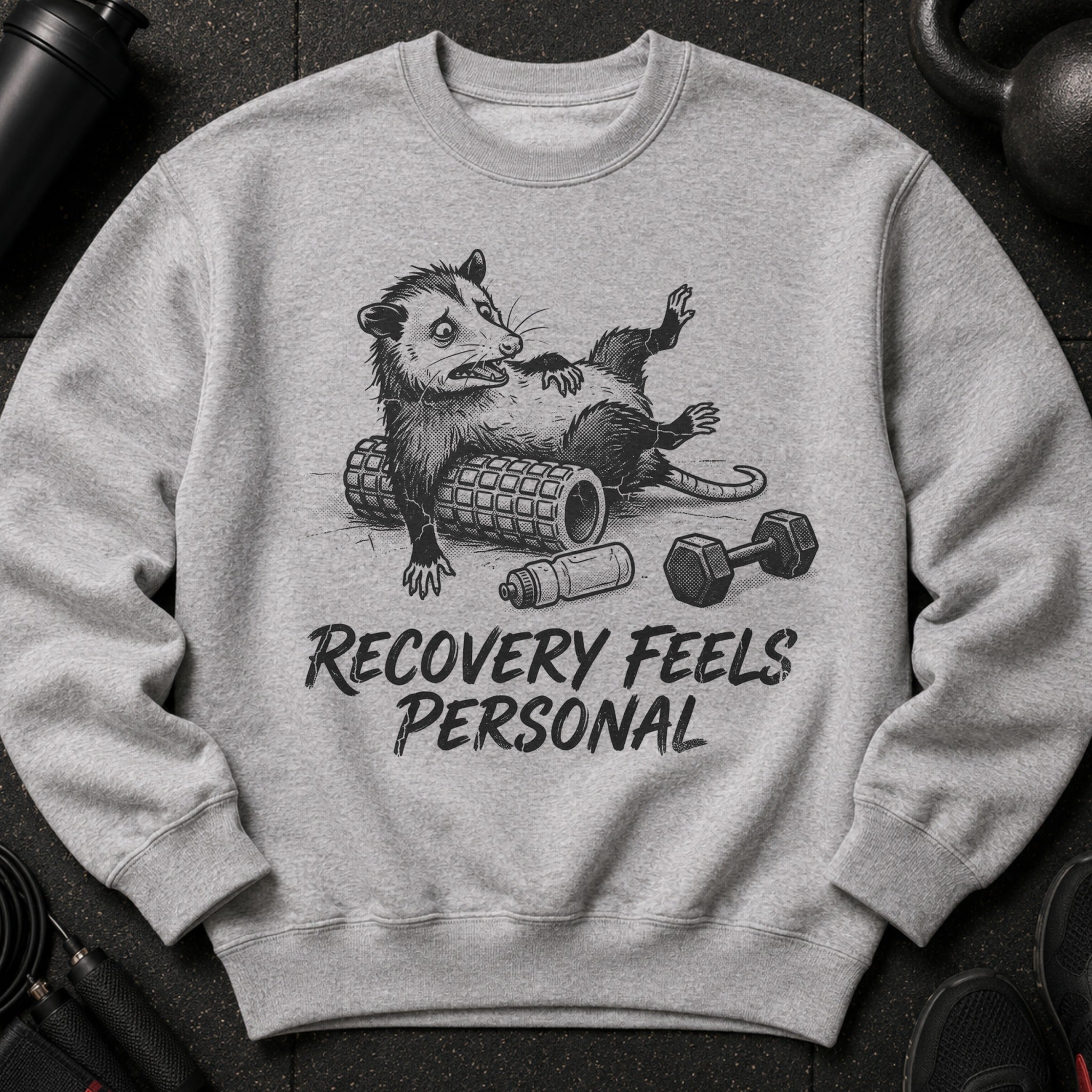 Gray sweatshirt with a humorous opossum graphic and text "RECOVERY FEELS PERSONAL".